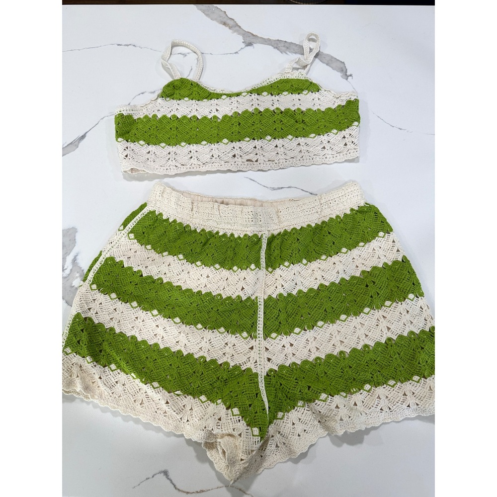 Rebellion Again Crochet Set Crop Top Shorts Green White Striped L‎